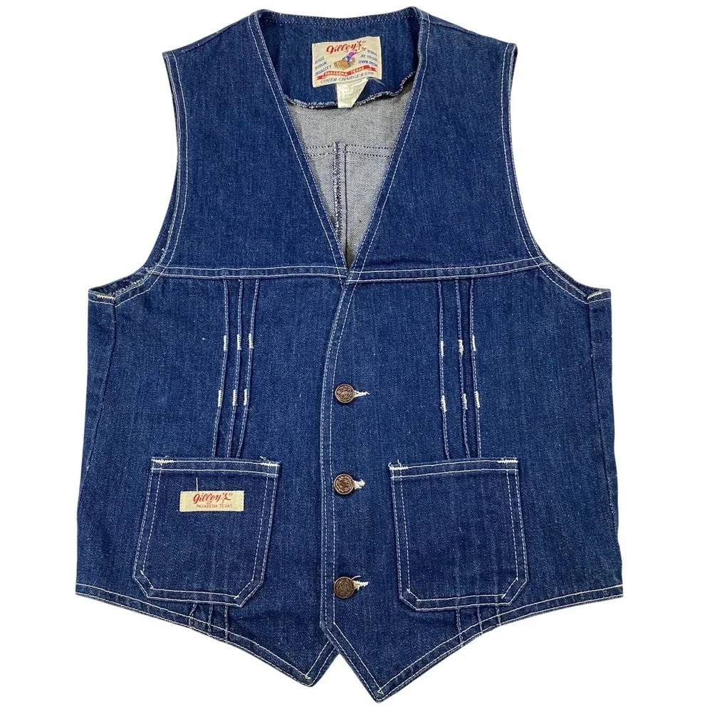 Vintage Gilleys Pasadena Texas Denim Western Vest Blue Mens‎ Small Bull Riding